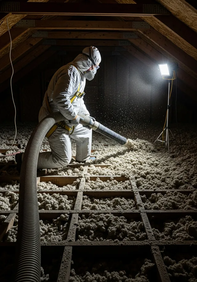 Technicien souffleur au travail dans des combles perdus près de Nantes